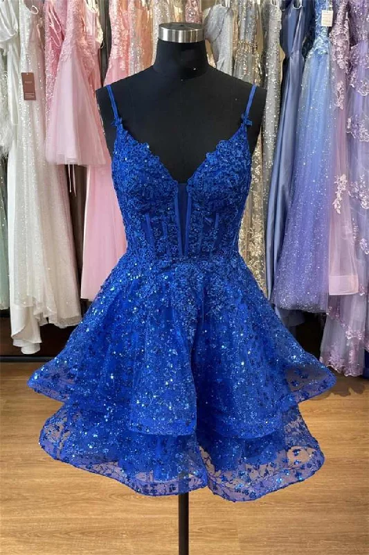 Plunging Neck Royal Blue Sequin Corset A-Line Tiered Short Party Dress Tunics Sophisticated sleek Plunging Neck Royal Blue Sequin Corset A-Line Tiered Short Party Dress Tunics Sophisticated sleek
