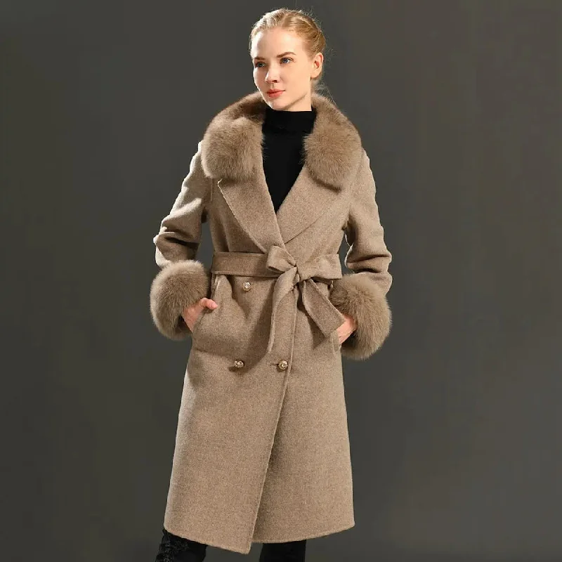Real Fur Collar Woolen Adjustable Waist Slim Long Women's Overcoat Jacket Chenille Fabric Brocade Fabric Lace Fabric Real Fur Collar Woolen Adjustable Waist Slim Long Women's Overcoat Jacket Chenille Fabric Brocade Fabric Lace Fabric