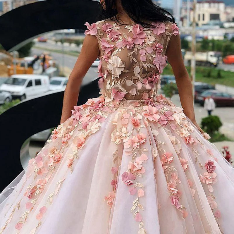 Illusion Flower Appliques A-line Ball Gown, Prom Party Dress, PD3094 Tunics Corduroy durable