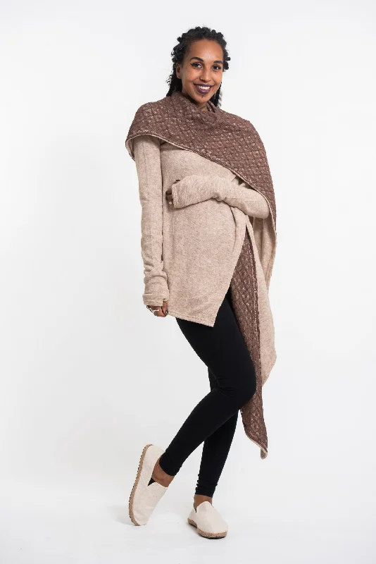 Hoodie Shawl Cardigan in Brown Satin Blend Silk Blend Wool Blend