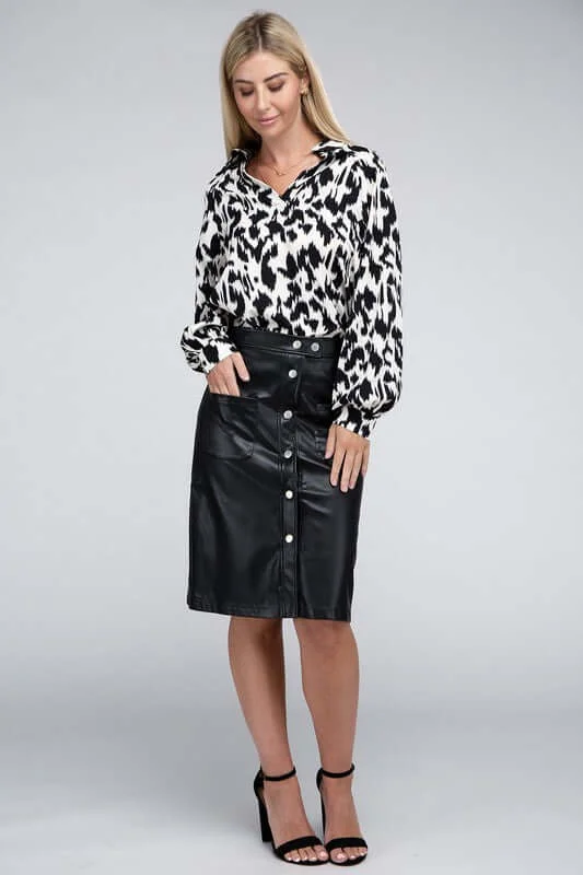 Black High Waist Button Front Midi PU Skirt chiffon skirt delicate
