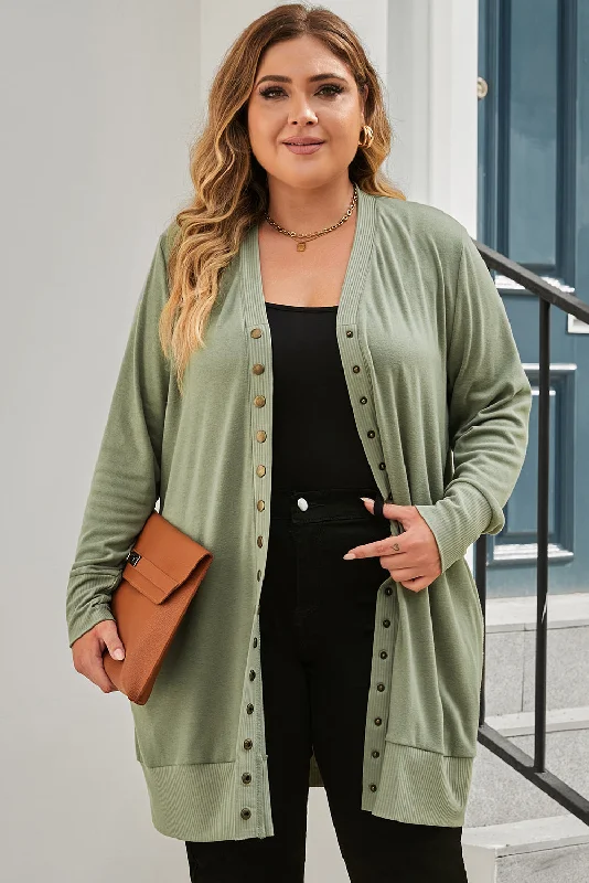 Snap Up V-Neck Long Sleeve Cardigan with Pockets Fleece Cardigan Nylon Polyester