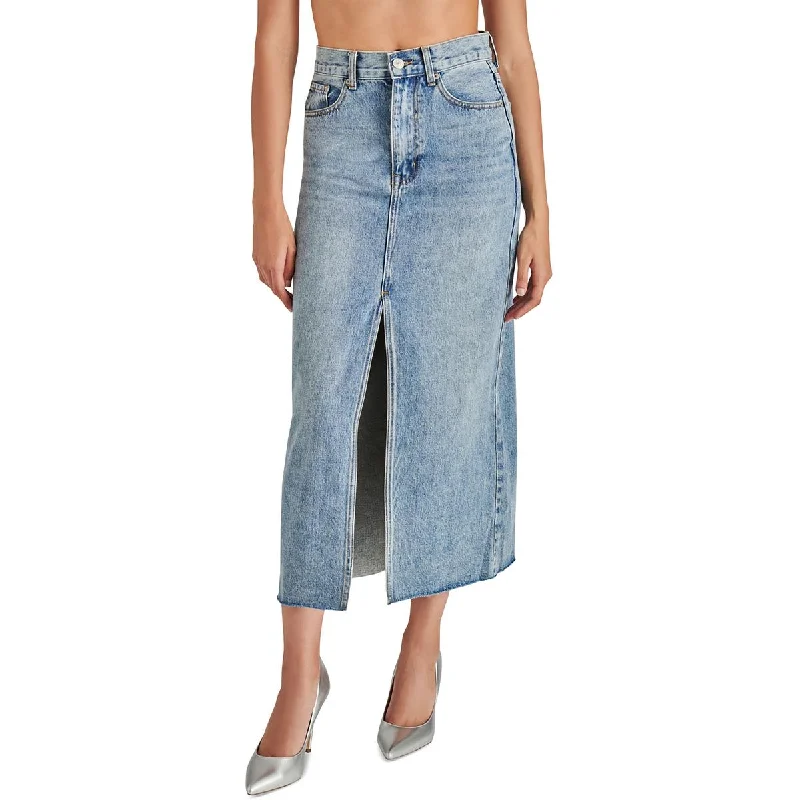 Steve Madden Womens Avani High Rise Denim Midi Skirt denim skirt classic