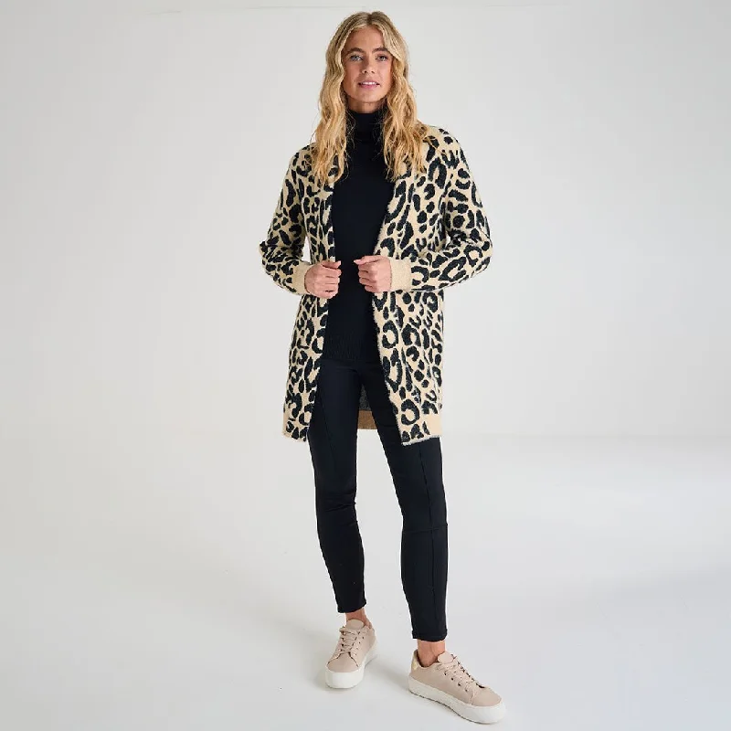 Ladies Leopard Cardigan Elasticated Padded Insulated