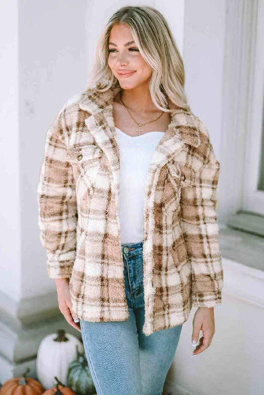 Classic and Timeless: Plaid Collared Neck Jacket for Women Front Pockets Side Pockets Patch Pockets Classic and Timeless: Plaid Collared Neck Jacket for Women Front Pockets Side Pockets Patch Pockets