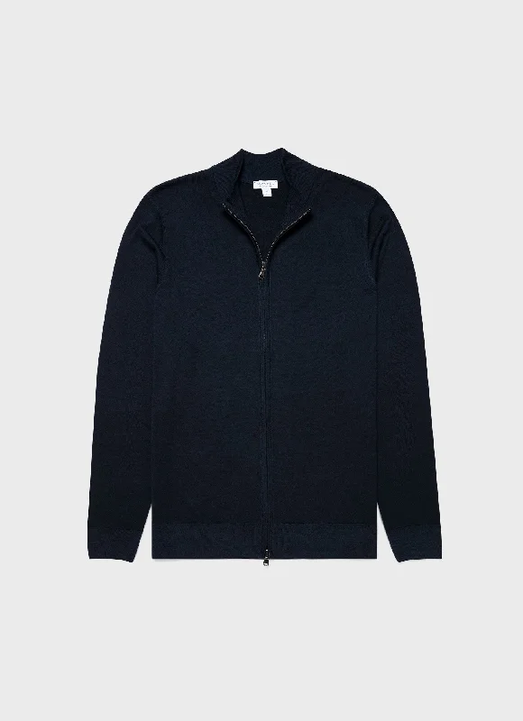 Men's Extra-Fine Merino Zip Cardigan in Light Navy Fitted Slim Tailored