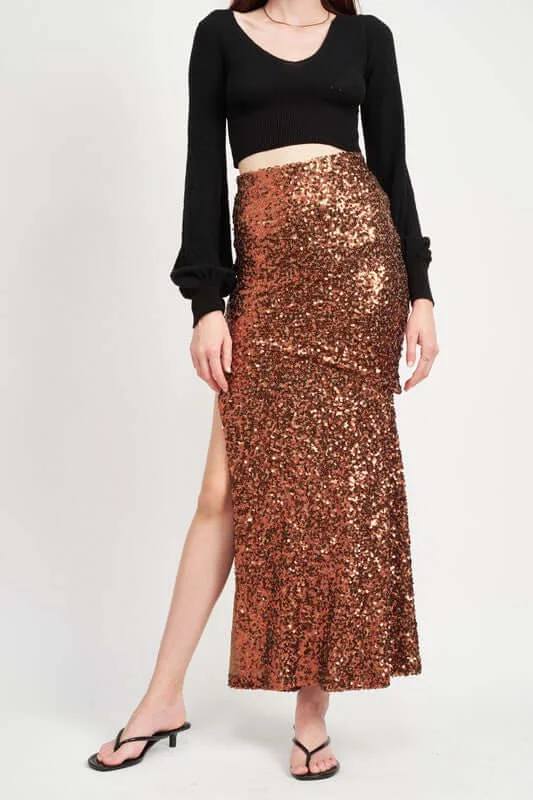 Brown Sequins High Waist Maxi Party Skirt denim skirt stylish