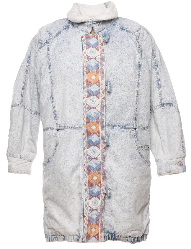 Zip Front Shearling Denim Jacket - L Appliqued Jacket Beaded Jacket Sequined Jacket