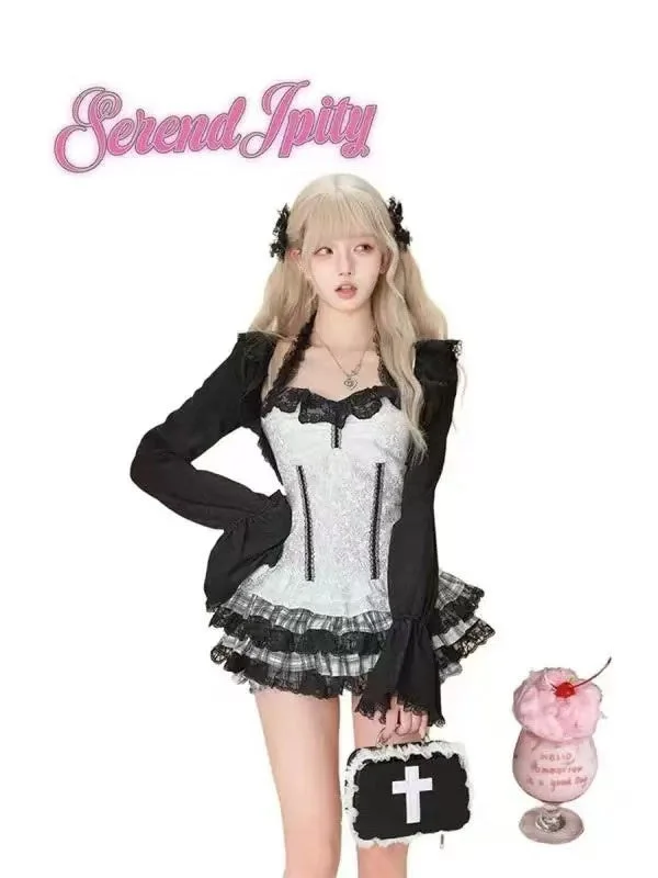 Autumn Black Knitted Cardigan Top + Plaid Miniskirt Cake Skirt Set Open Front Closed Front Wrap Front