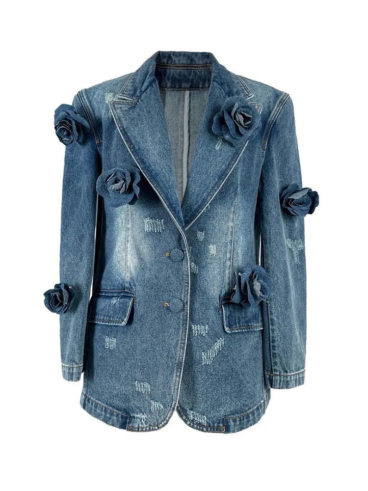 Denim 3D Flower Turn-down Collar Jacket Elasticated Jacket Padded Jacket Insulated Jacket Denim 3D Flower Turn-down Collar Jacket Elasticated Jacket Padded Jacket Insulated Jacket