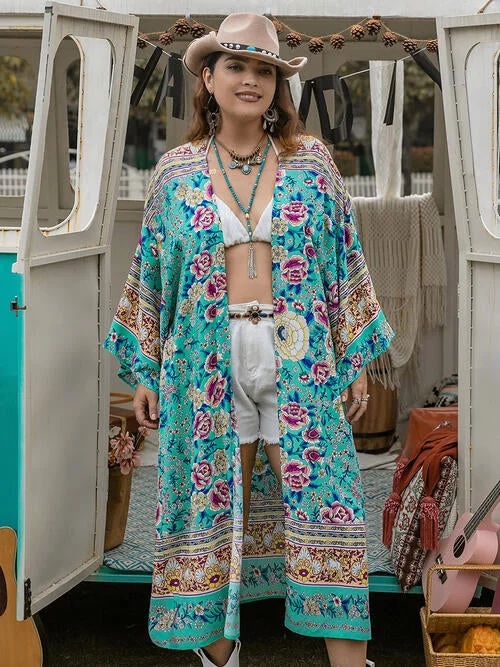 Double Take Plus Size Printed Open Front Longline Cardigan Real Fur Shearling Chenille