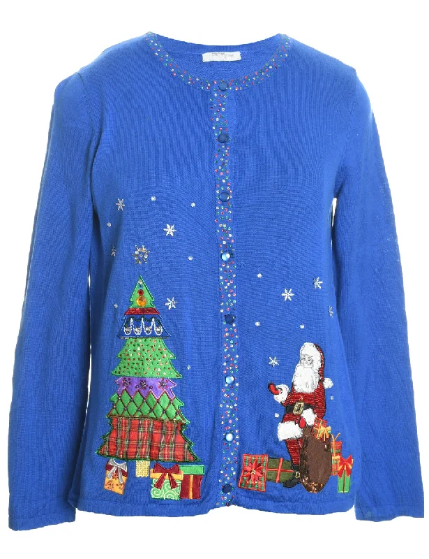 Santa Claus Design Blue Sparkly Christmas Cardigan - M Welt Pockets Slit Pockets Flap Pockets Santa Claus Design Blue Sparkly Christmas Cardigan - M Welt Pockets Slit Pockets Flap Pockets