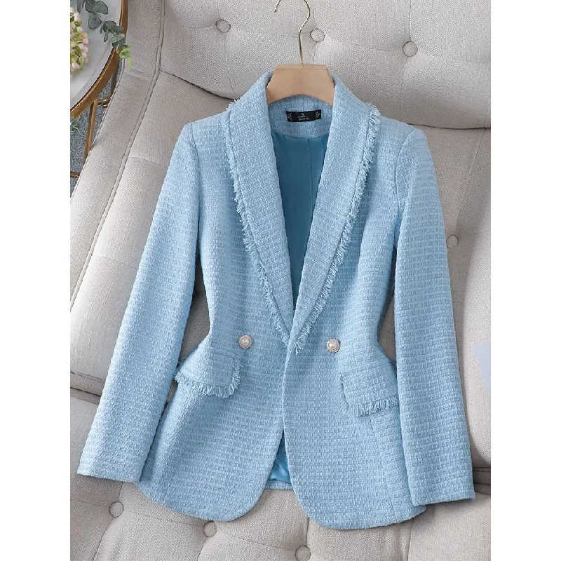 CAROLINE SUITS Women's Elegant Stylish Fashion Office Professional Woven Light Blue Sky Blue Plaid Blazer Jacket Striped Jacket Polka Dot Jacket Floral Jacket