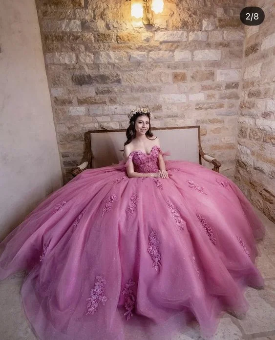 Luxury Dusty Rose Off Shoulder Lace 3D Flower Applique Ball Gown Birthday Party Dress Y7016 Tunics Essential wardrobe Luxury Dusty Rose Off Shoulder Lace 3D Flower Applique Ball Gown Birthday Party Dress Y7016 Tunics Essential wardrobe