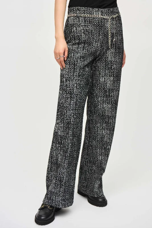 Joseph Ribkoff Black/Off-White Chain Belt Tweed Wide Leg Pants 243288 Trendy Tapered Pants