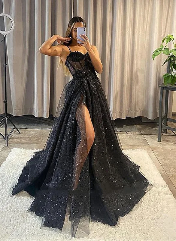 Black Shiny Tulle Sweetheart with Lace Straps Long Party Dress, Black Formal Dress Y1482 Mermaid Tail Wedding Black Shiny Tulle Sweetheart with Lace Straps Long Party Dress, Black Formal Dress Y1482 Mermaid Tail Wedding
