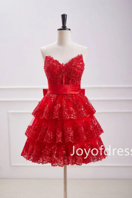 Strapless V-Neck Red Tiered Short Party Dress with Appliques Tunics Cozy comfortable