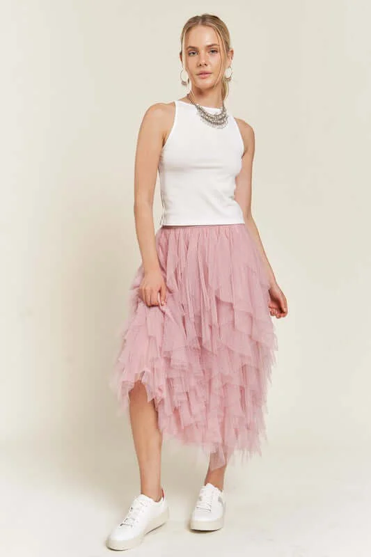 LAYERED POLKA DOT MESH LINED A-LINE MIDI SKIRT denim skirt trendy
