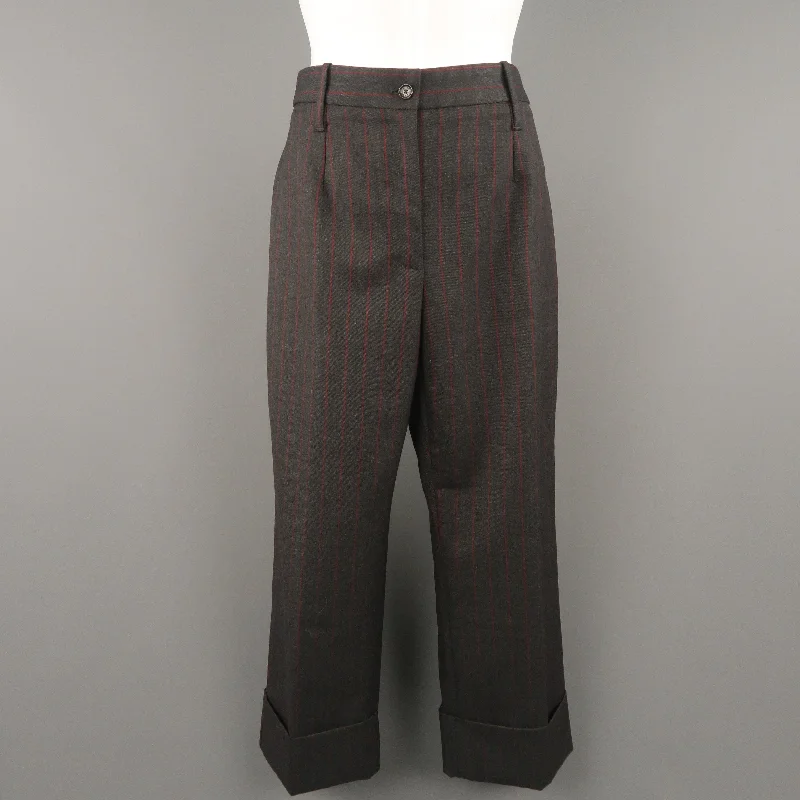DOLCE & GABBANA Size 6 Charcoal & Red Chalkstripe Wool Cuffed Dress Pants Relaxed High-Waist Trousers