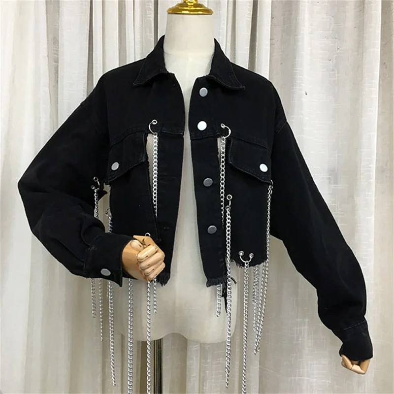 Women Edgy Long Chain Cut Out Denim Jacket Bomber Jacket Anorak Windbreaker