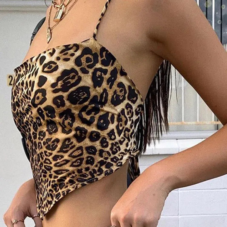 Leopard Pattern Women Tank Tops Backless Sexy Rave Outfits Sleeveless Cross Lace Up Bralette Crop Top Summer Streetwear graphic tank top