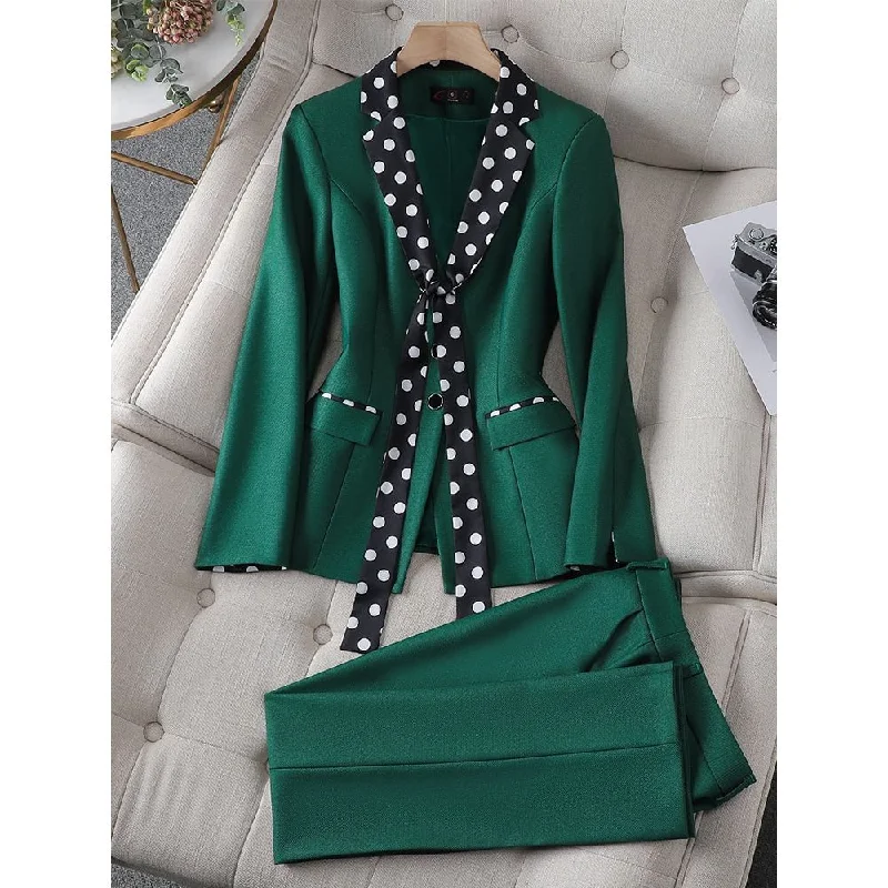 CAROLINE SUITS Women's Elegant Stylish Fashion Polka Dots Design Office Green Blazer Jacket & Pants Suit Set Ribbed Jacket Pleated Jacket Ruffled Jacket