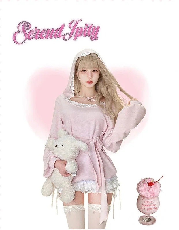 Autumn and winter pink long-sleeved knitted hooded cardigan + white cake pants skirt Cable Knit Ribbed Knit Lace Knit