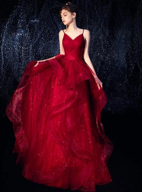 Wine Red Straps Tulle Princess Long Evening Dress Party Dress, Shiny Tulle Evening Gown Prom Dress   cg22119 Tunics Trendy modern