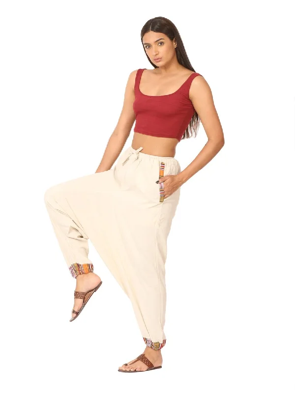 Women's Designer Harem Pants | Cream | Fits Waist Size 28" to 36" Comfortable Denim Trousers