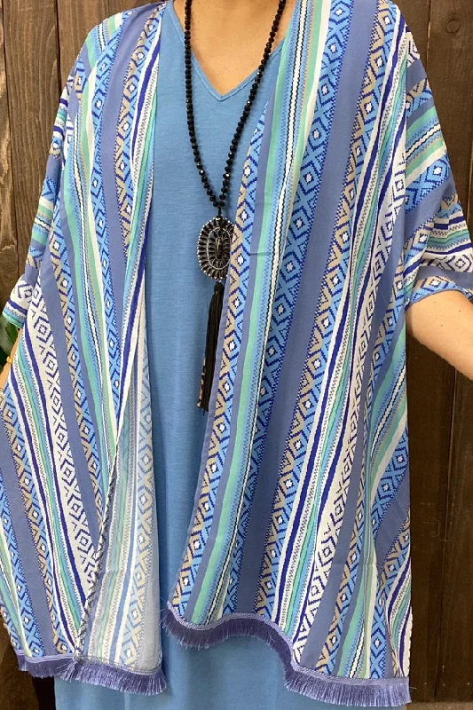 XCH10895 Blue aztec multi color printed w/trim short sleeves women cardigan Oversized Loose Flowy
