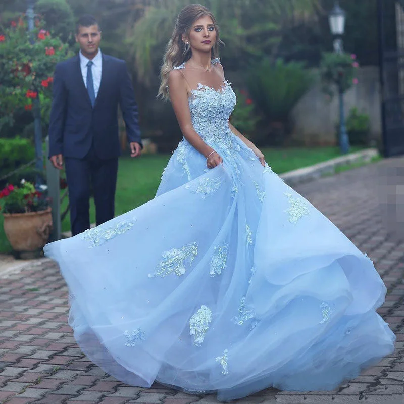 Elegant Ice Blue Fairytale Floral A-line Long Tulle Prom Party Dress, PD3095 Tunics Velvet soft