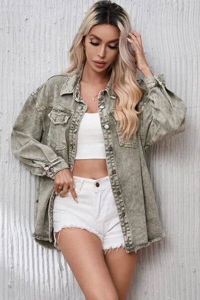Classic and Edgy: Button Up Pocketed Raw Hem Denim Jacket Ribbed Jacket Pleated Jacket Ruffled Jacket Classic and Edgy: Button Up Pocketed Raw Hem Denim Jacket Ribbed Jacket Pleated Jacket Ruffled Jacket