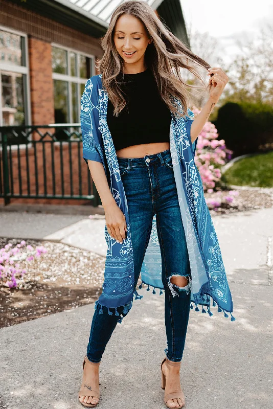 Printed Tassel Trim Open Front Cardigan Handmade Hand-knitted Hand-woven