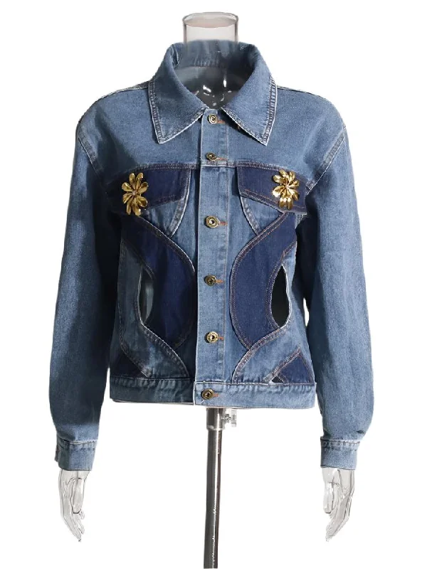 Cut Out Denim Jacket Front Pockets Side Pockets Patch Pockets