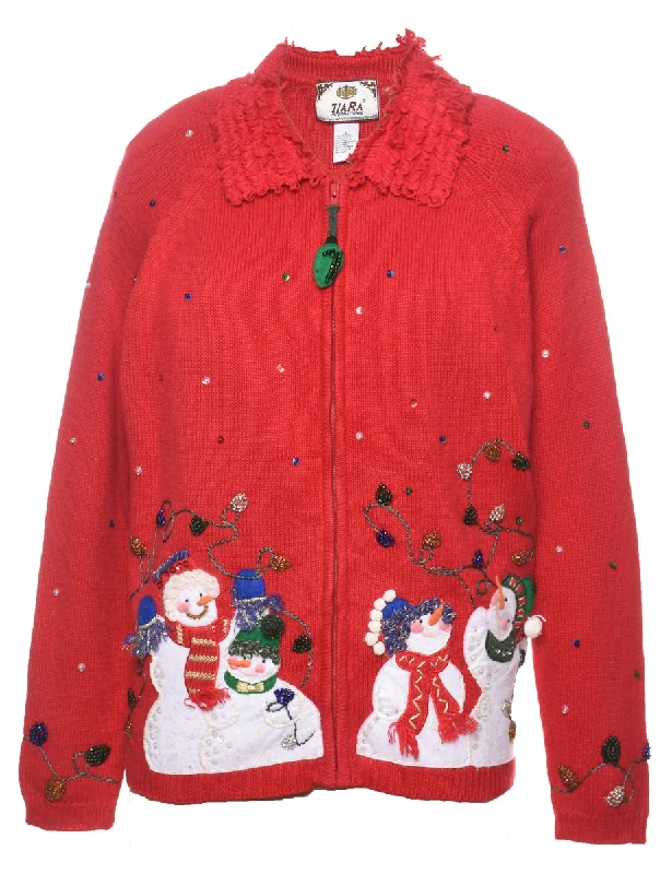 Snowman Christmas Cardigan - L Houndstooth Herringbone Solid