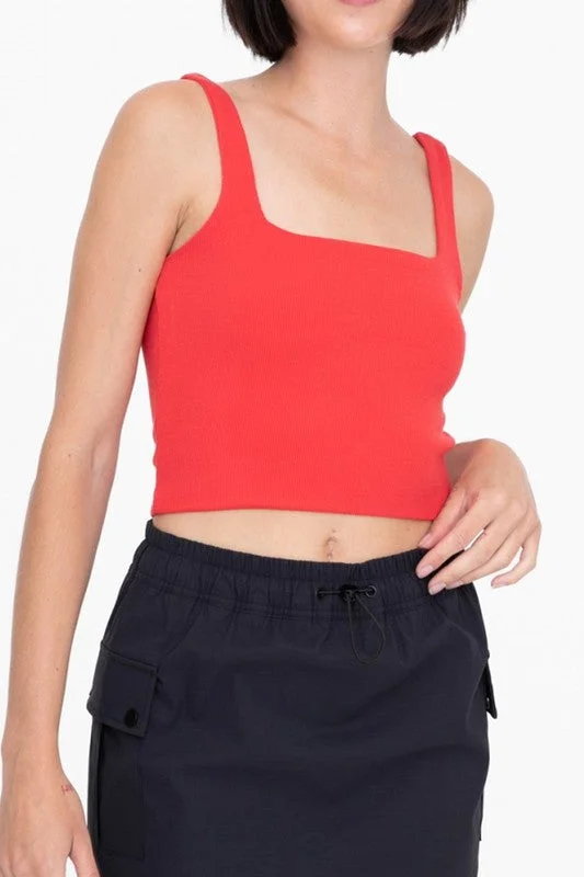 DOUBLE LINED RIBBED SQUARE NECK CROPPED TANK bright tank top
