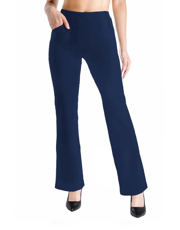 Flare Yoga Dress Pants, 4 Pockets (Navy Blue) Wide-Legged Palazzos