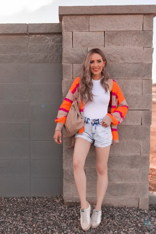 Neon Orange & Pink Striped Colorblock Slouchy Cardigan | S-2X Chenille Brocade Lace