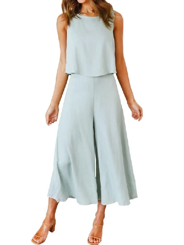 Summer Dress Women 2 Piece Sets Womens Outfits Solid Round Neck Sleeveless Top Wide-leg Pants White Suit Woman Clothes Stylish Paperbag Waist Pants