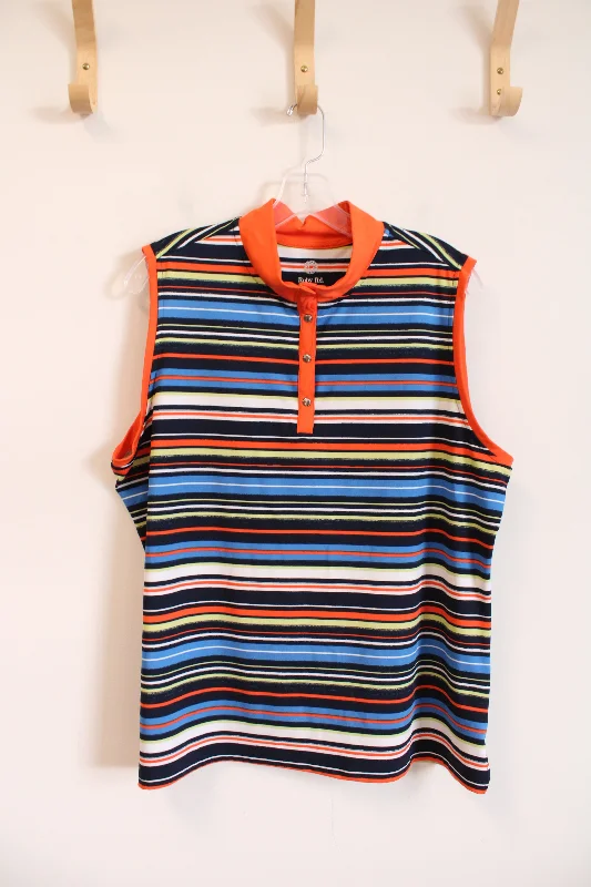 Ruby Rd. Multi-Colored Striped Quarter Buttoned Tank | XL navy tank top