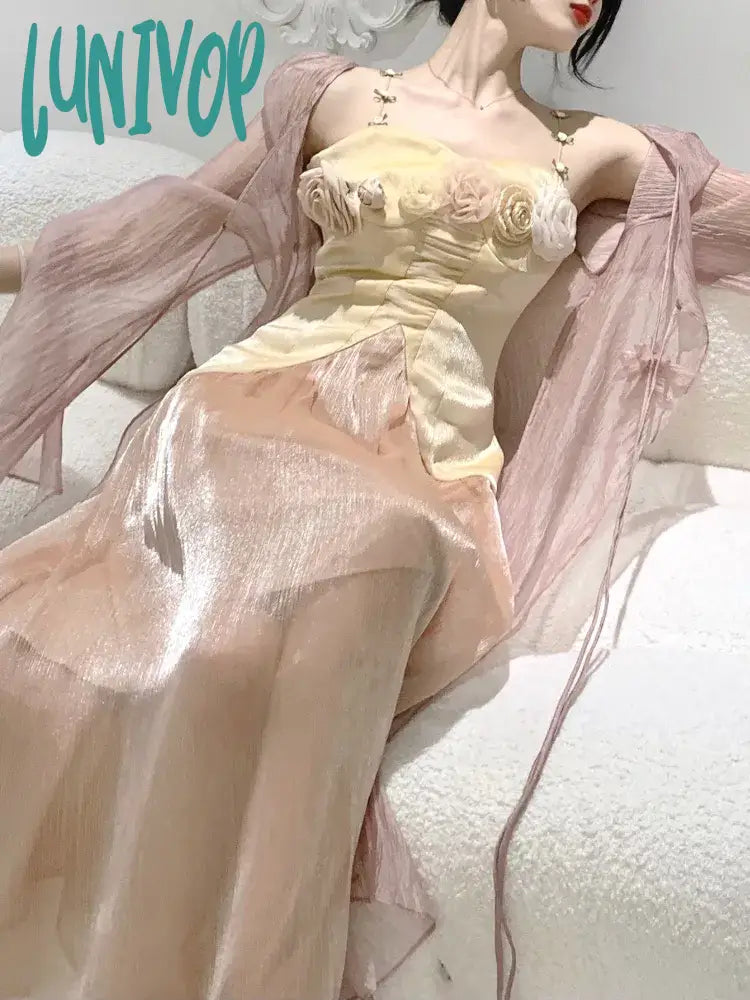 Lunivop Flower Beach Party Two-piece Dress Women Summer France Vintage Strap Dress Suit Female Chiffon Midi Dress + Pink Cardigan Fitted Loose Oversized Lunivop Flower Beach Party Two-piece Dress Women Summer France Vintage Strap Dress Suit Female Chiffon Midi Dress + Pink Cardigan Fitted Loose Oversized