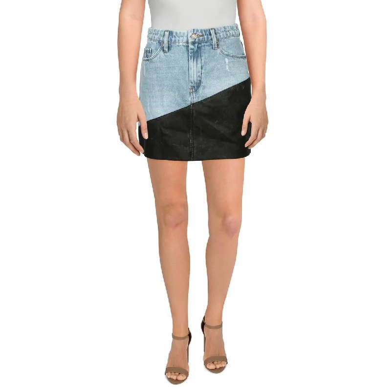 [BLANKNYC] Womens Denim Faux Leather Trim Mini Skirt patchwork skirt art