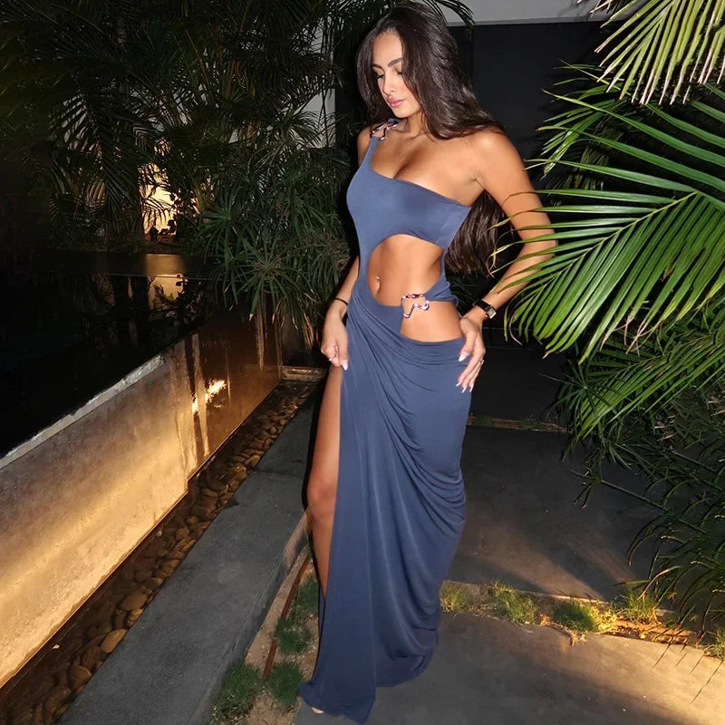 Lunivop Blue Hollow Out Maxi Dress for Women Fashion One Shoulder Slim Evening Party Dresses Sexy High Split Holiday Beach Outfits 2024 Tunics Designer luxury