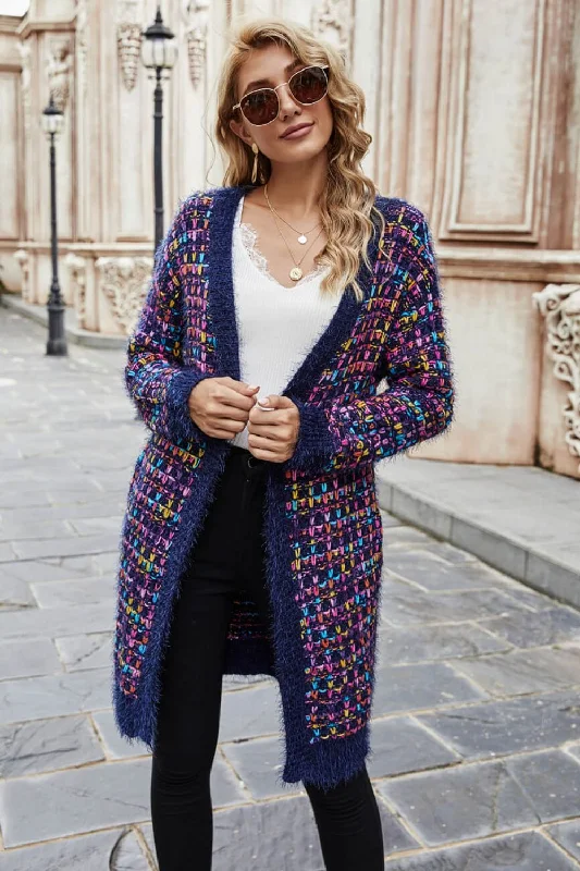 Multicolored Ribbed Trim Open Front Cardigan with Pockets Stylish Fashionable Trendy