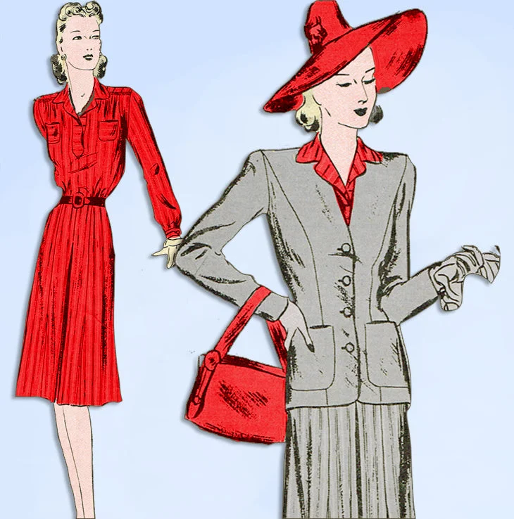 1940s Original Vintage Butterick Pattern 1841 Misses WWII Dress & Jacket Sz 30 B Front Pockets Side Pockets Patch Pockets