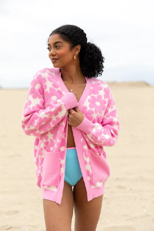 Better Believe It Pink Floral Print Terry Cloth Cardigan SALE Bright Pastel Dark