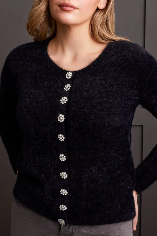 SWEATER CARDIGAN W/BUTTONS - BLACK Mesh Blend Leather Blend Suede Blend
