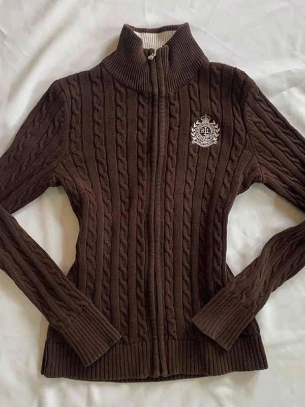 Original Brown Stand Collar Knit Cardigan Jacket Spandex Rayon Corduroy