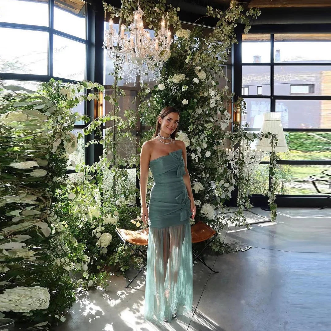 Lunivop Turquoise Green Strapless Bow Banquet Party Dresses Pleated Sheer Tulle Formal Dress Floor Length Long Sleeveless Prom Gowns Tunics Evening elegant