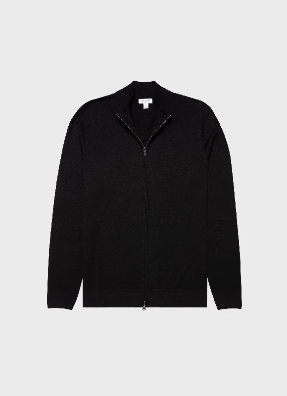 Men's Extra-Fine Merino Zip Cardigan in Black Thin Thick Dense